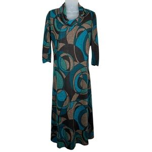 Perceptions Teal Brown Swirl Art Deco Pattern Drape Neck 3/4 Sleeve Dress 10